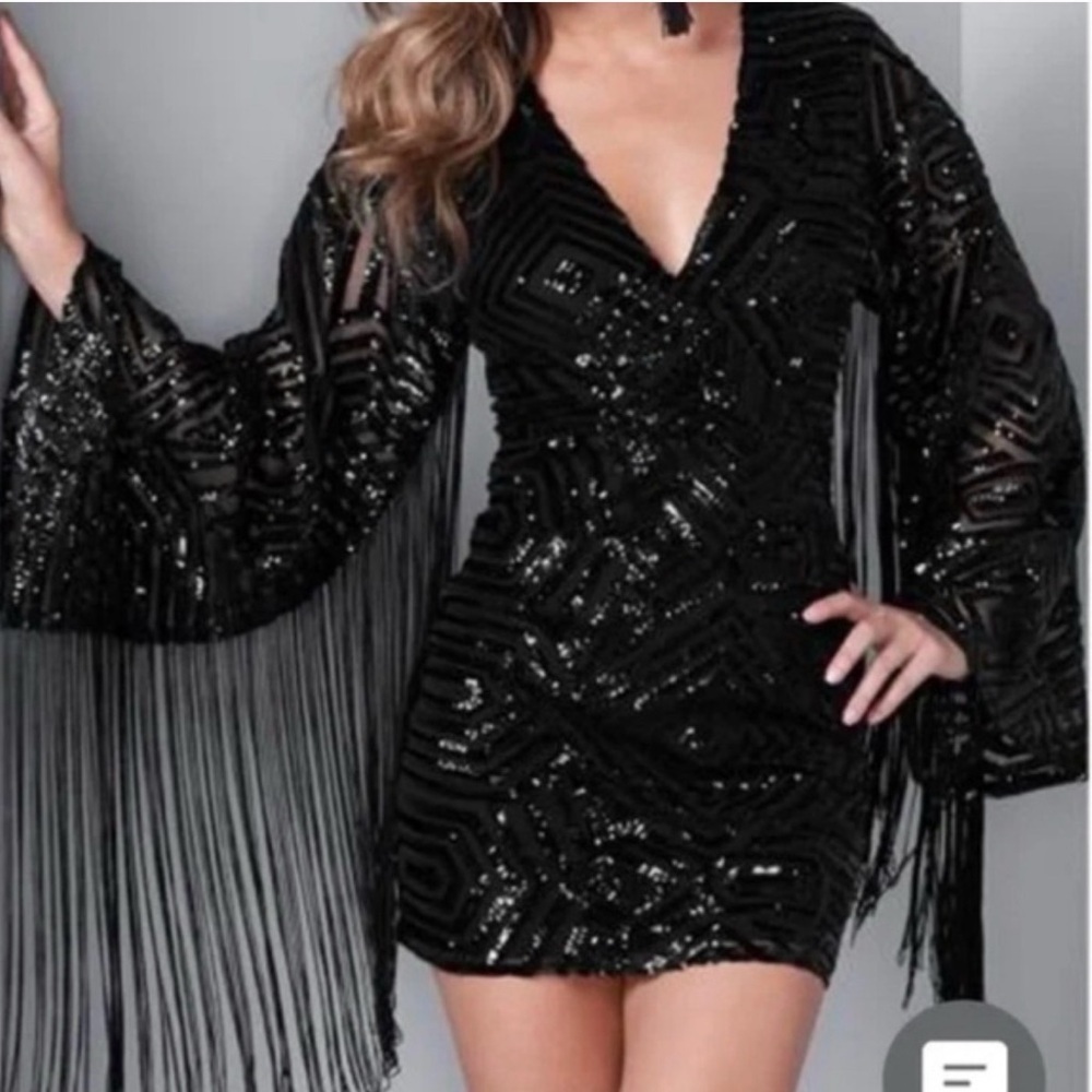 Venus NWT Black Sequin Bell Sleeve Fringe V-Neck Mini Dress